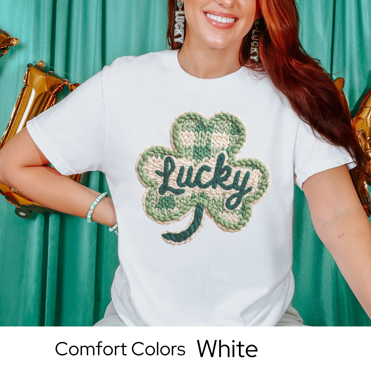 St Patricks Day Graphic T Shirt, Lucky Shamrock Tee, Faux Knit Clover Shirt, St Patricks Outfit for Women Comfort Colors 1717