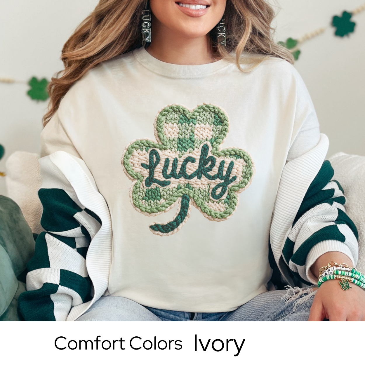 St Patricks Day Graphic T Shirt, Lucky Shamrock Tee, Faux Knit Clover Shirt, St Patricks Outfit for Women Comfort Colors 1717