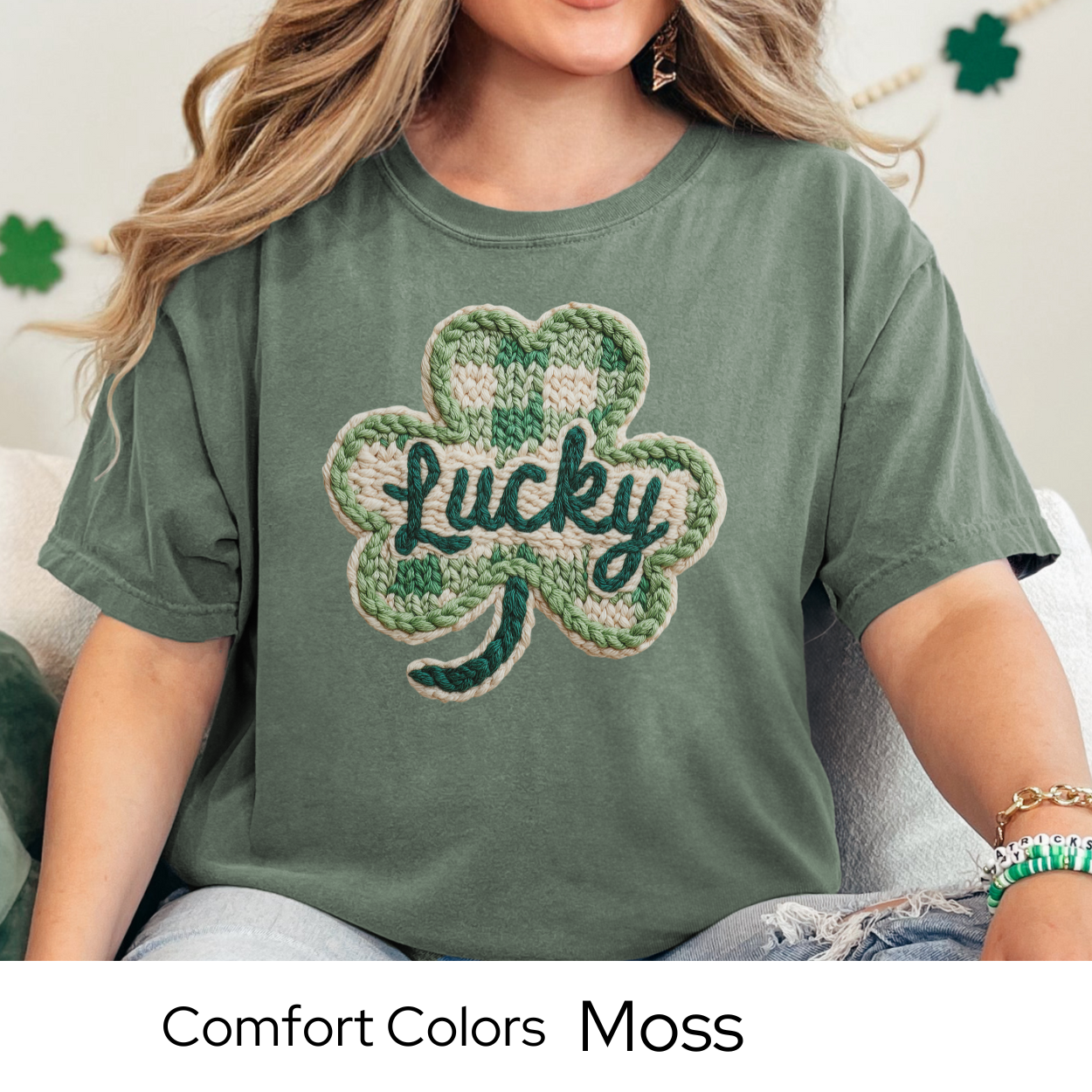 St Patricks Day Graphic T Shirt, Lucky Shamrock Tee, Faux Knit Clover Shirt, St Patricks Outfit for Women Comfort Colors 1717