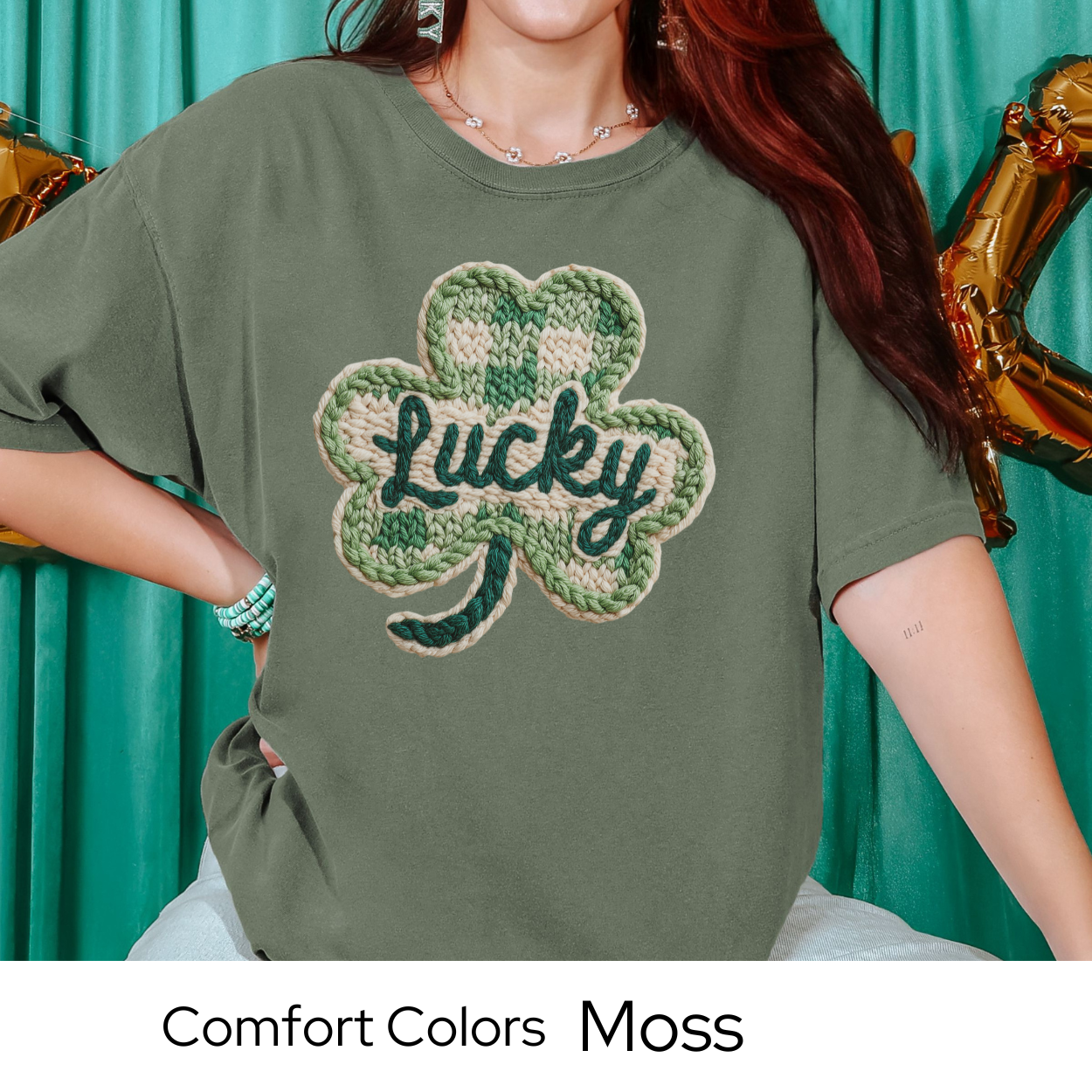 St Patricks Day Graphic T Shirt, Lucky Shamrock Tee, Faux Knit Clover Shirt, St Patricks Outfit for Women Comfort Colors 1717