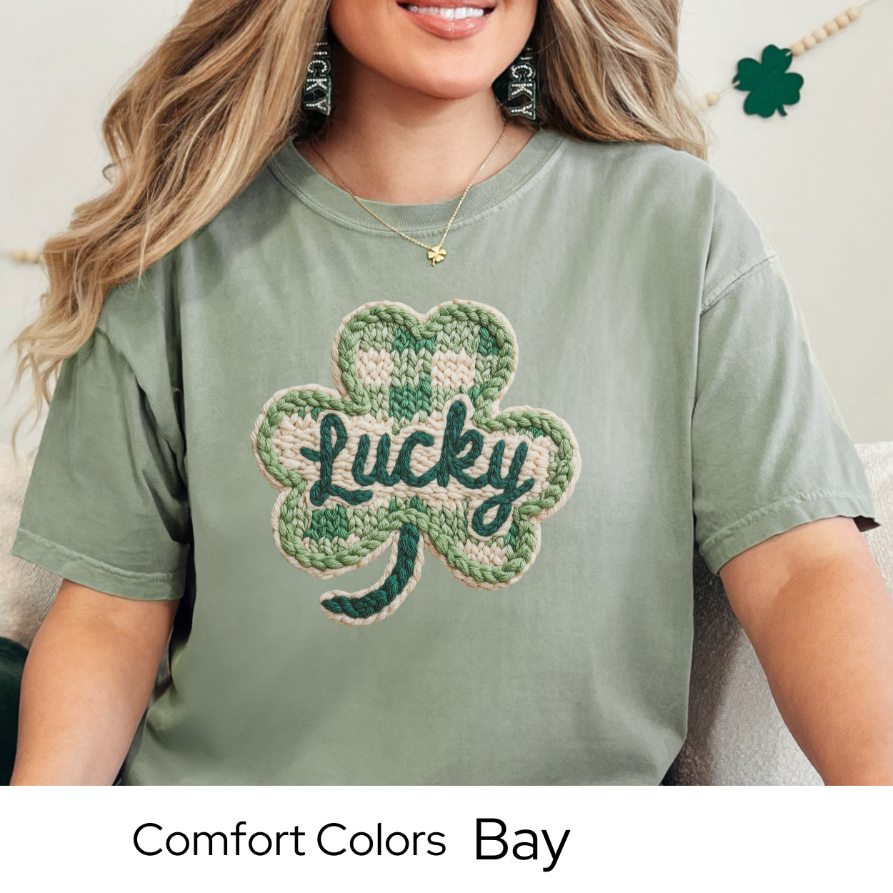 St Patricks Day Graphic T Shirt, Lucky Shamrock Tee, Faux Knit Clover Shirt, St Patricks Outfit for Women Comfort Colors 1717