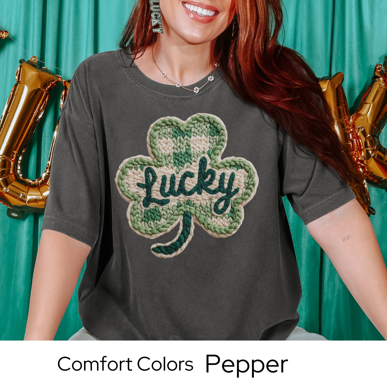 St Patricks Day Graphic T Shirt, Lucky Shamrock Tee, Faux Knit Clover Shirt, St Patricks Outfit for Women Comfort Colors 1717