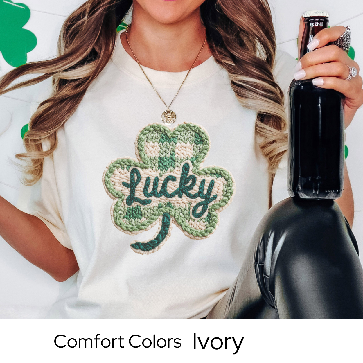 St Patricks Day Graphic T Shirt, Lucky Shamrock Tee, Faux Knit Clover Shirt, St Patricks Outfit for Women Comfort Colors 1717
