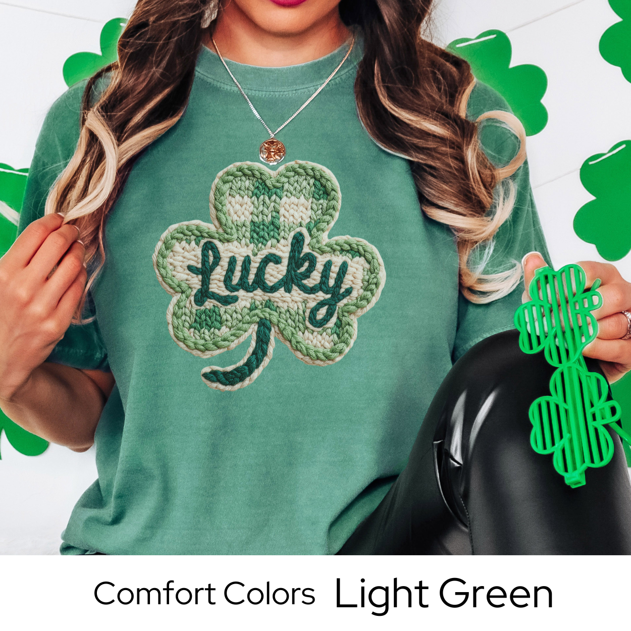 St Patricks Day Graphic T Shirt, Lucky Shamrock Tee, Faux Knit Clover Shirt, St Patricks Outfit for Women Comfort Colors 1717