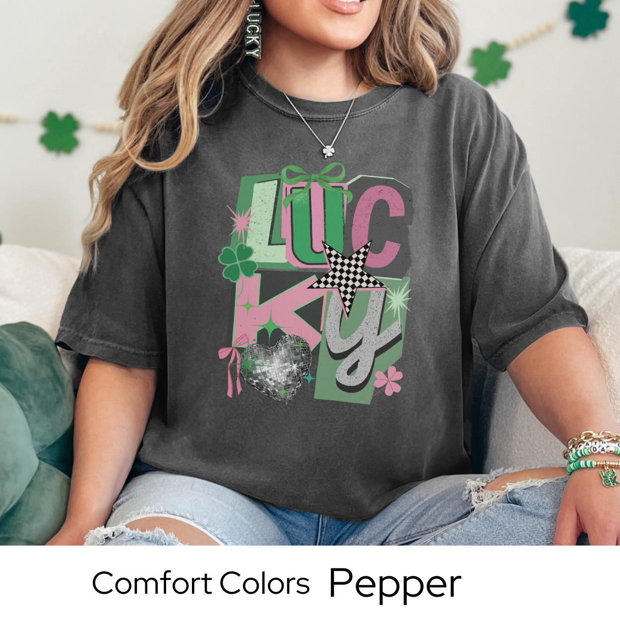 St Patricks Day Graphic T Shirt, Lucky Collage Tee, Trendy Green St Patricks Shirt for Women, March Outfit Comfort Colors 1717