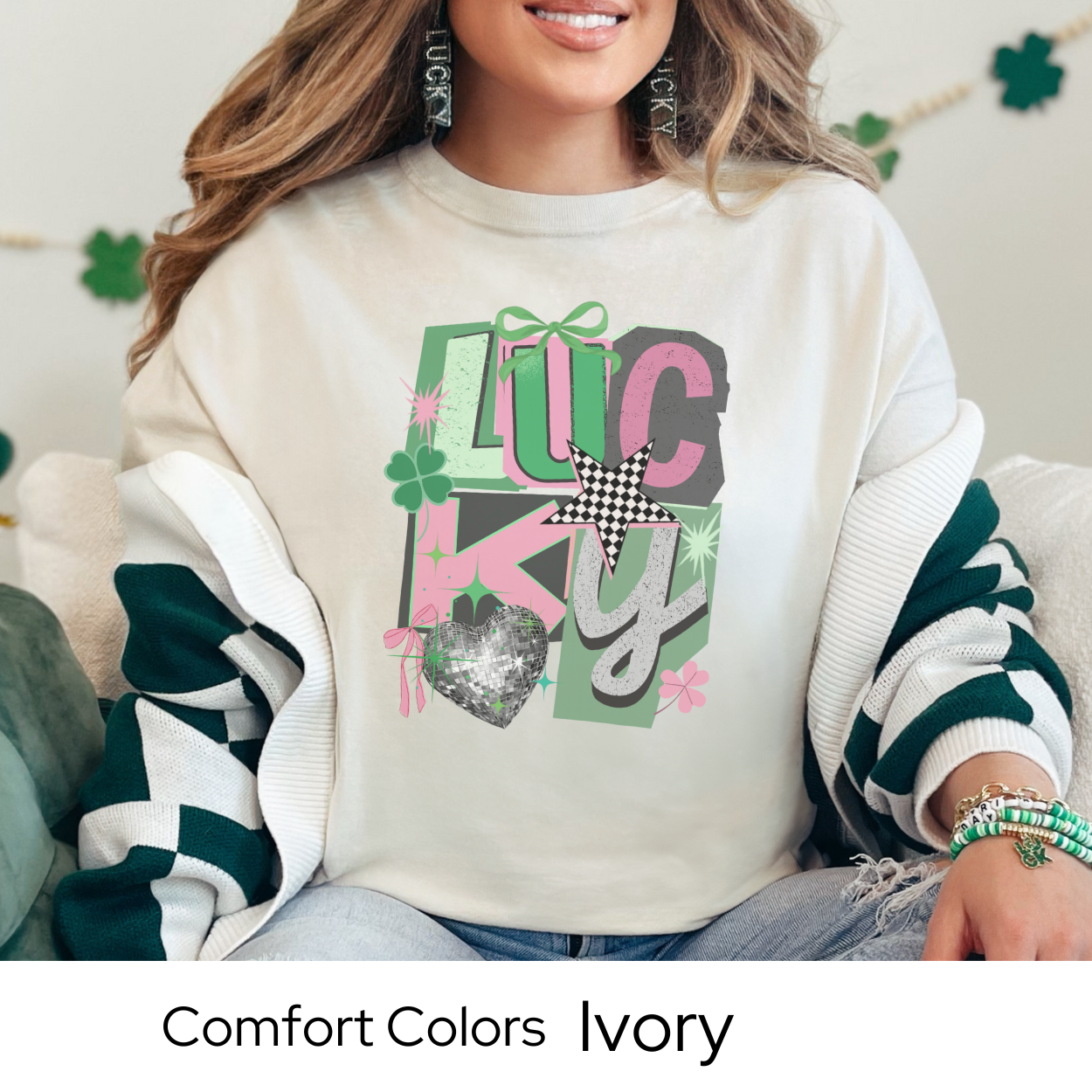 St Patricks Day Graphic T Shirt, Lucky Collage Tee, Trendy Green St Patricks Shirt for Women, March Outfit Comfort Colors 1717