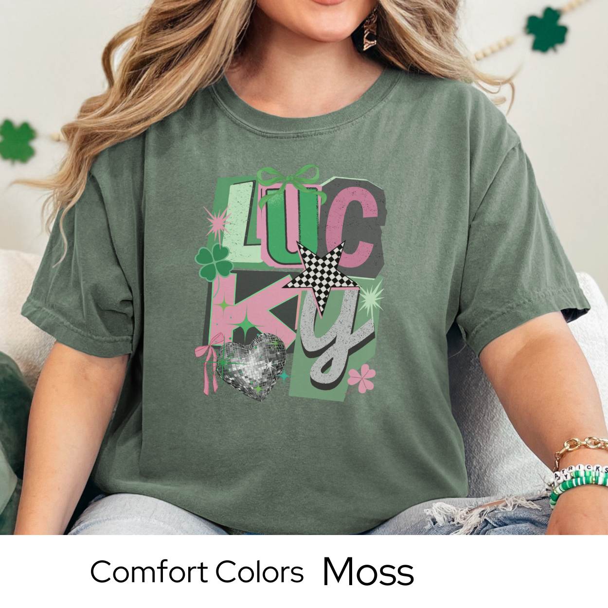 St Patricks Day Graphic T Shirt, Lucky Collage Tee, Trendy Green St Patricks Shirt for Women, March Outfit Comfort Colors 1717