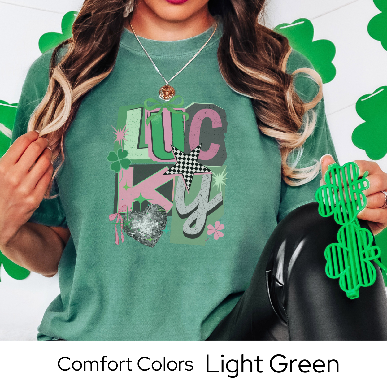St Patricks Day Graphic T Shirt, Lucky Collage Tee, Trendy Green St Patricks Shirt for Women, March Outfit Comfort Colors 1717