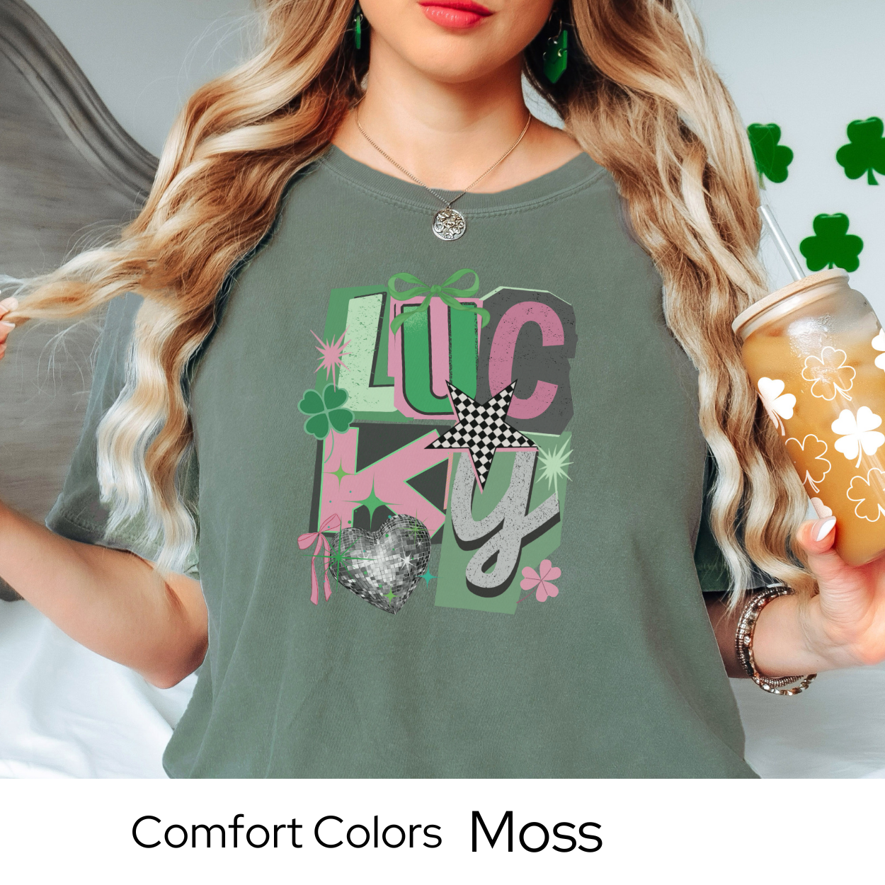 St Patricks Day Graphic T Shirt, Lucky Collage Tee, Trendy Green St Patricks Shirt for Women, March Outfit Comfort Colors 1717
