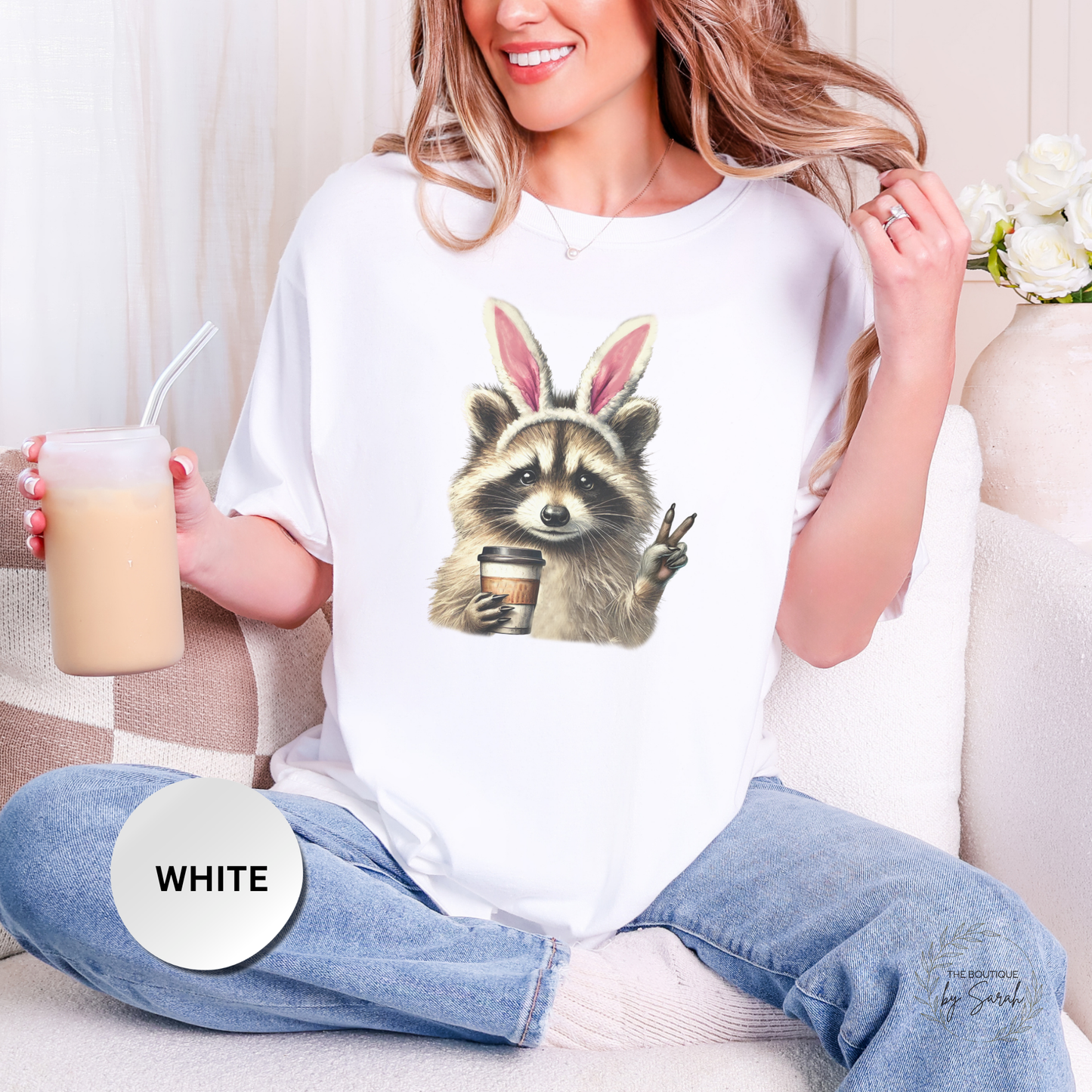 Funny Easter Raccoon Shirt Comfort Colors 1717, Bunny Ears Coffee Tee, Cute Easter Shirt Women, Trendy Spring Graphic Tee, Easter Gift