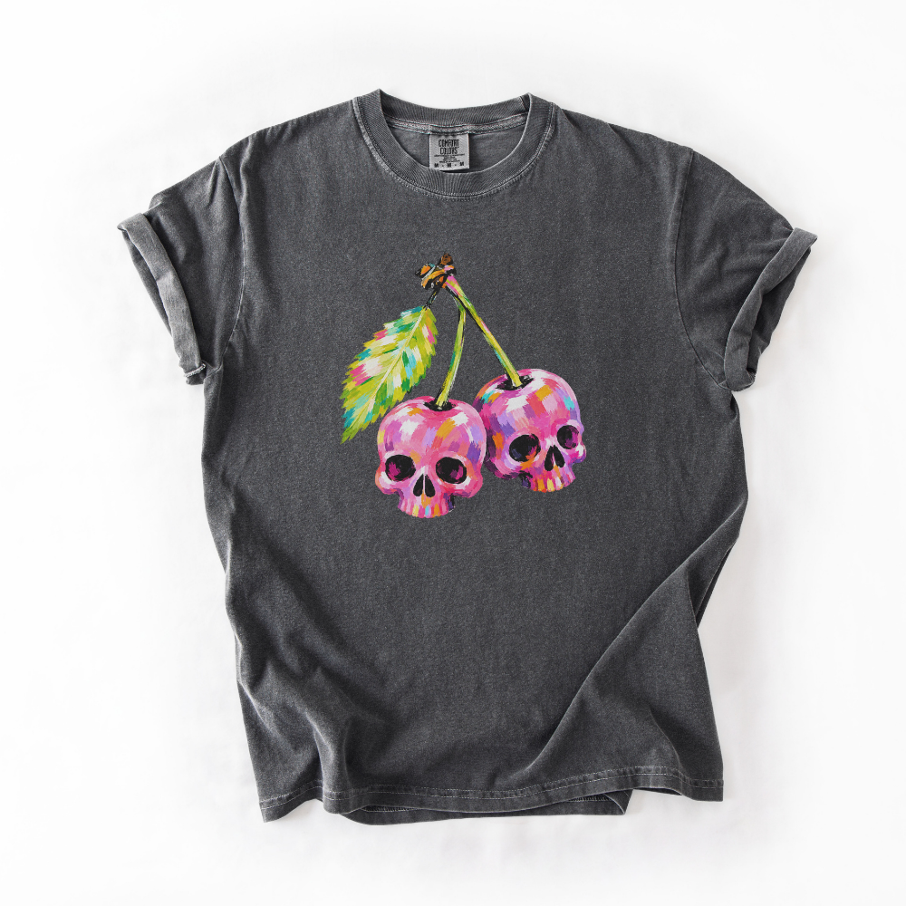 Cherry Skull Halloween Shirt, Spooky Cherry Comfort Colors Tee, Colorful Skull Graphic Shirt, Cute Creepy Halloween T-Shirt