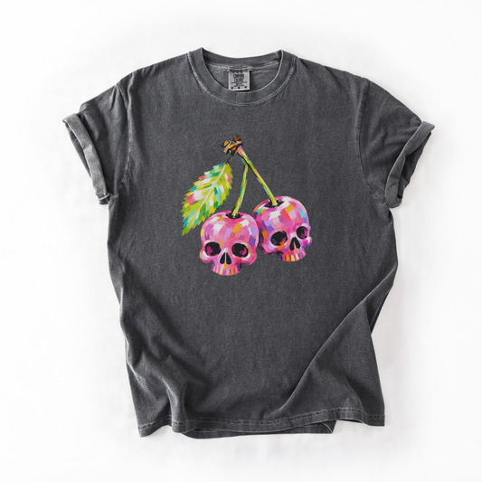 Cherry Skull Halloween Shirt, Spooky Cherry Comfort Colors Tee, Colorful Skull Graphic Shirt, Cute Creepy Halloween T-Shirt