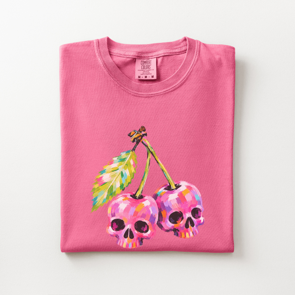 Cherry Skull Halloween Shirt, Spooky Cherry Comfort Colors Tee, Colorful Skull Graphic Shirt, Cute Creepy Halloween T-Shirt
