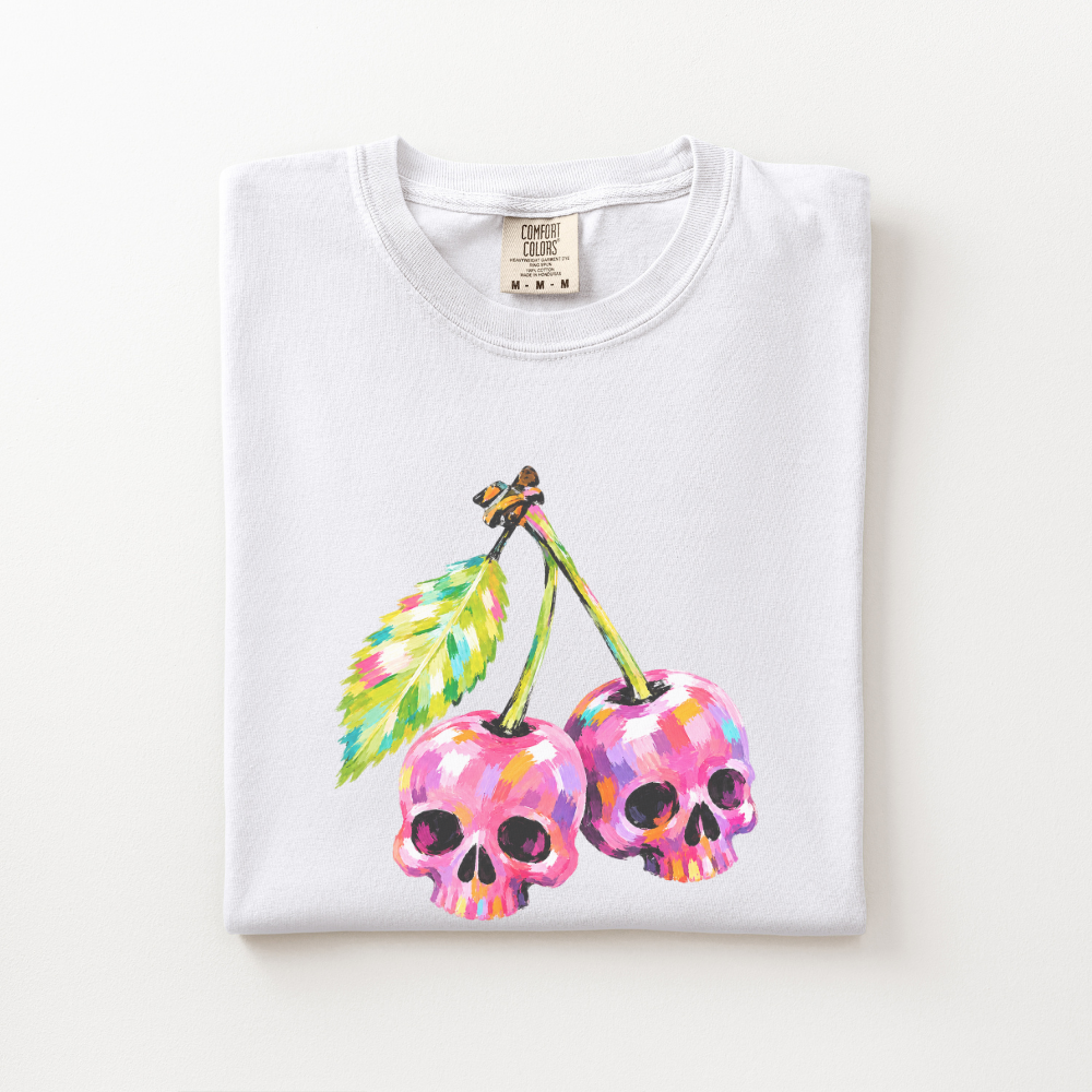 Cherry Skull Halloween Shirt, Spooky Cherry Comfort Colors Tee, Colorful Skull Graphic Shirt, Cute Creepy Halloween T-Shirt