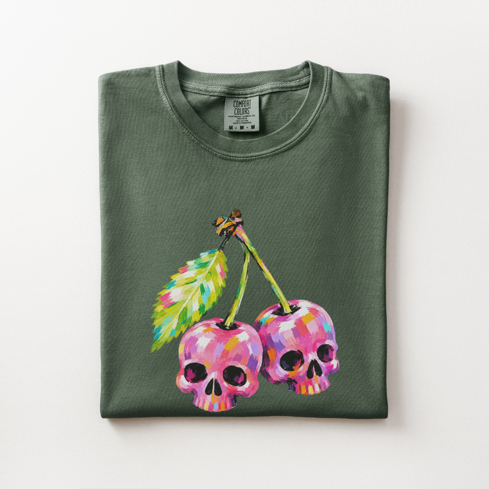 Cherry Skull Halloween Shirt, Spooky Cherry Comfort Colors Tee, Colorful Skull Graphic Shirt, Cute Creepy Halloween T-Shirt