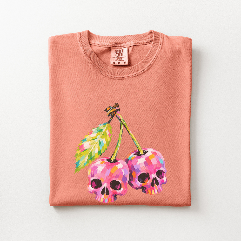 Cherry Skull Halloween Shirt, Spooky Cherry Comfort Colors Tee, Colorful Skull Graphic Shirt, Cute Creepy Halloween T-Shirt
