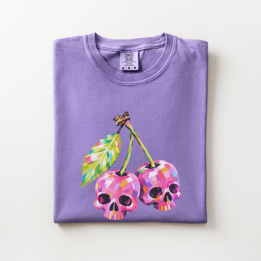 Cherry Skull Halloween Shirt, Spooky Cherry Comfort Colors Tee, Colorful Skull Graphic Shirt, Cute Creepy Halloween T-Shirt