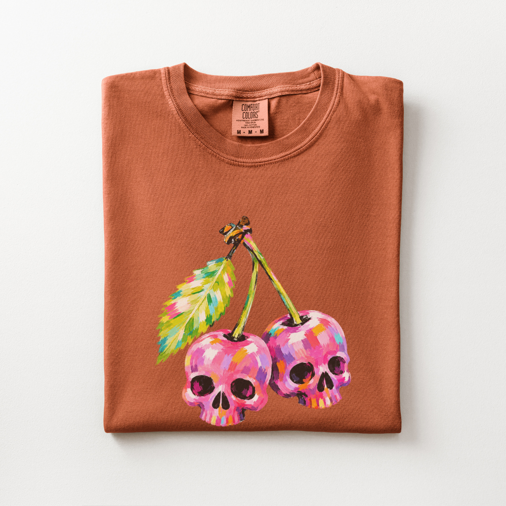 Cherry Skull Halloween Shirt, Spooky Cherry Comfort Colors Tee, Colorful Skull Graphic Shirt, Cute Creepy Halloween T-Shirt