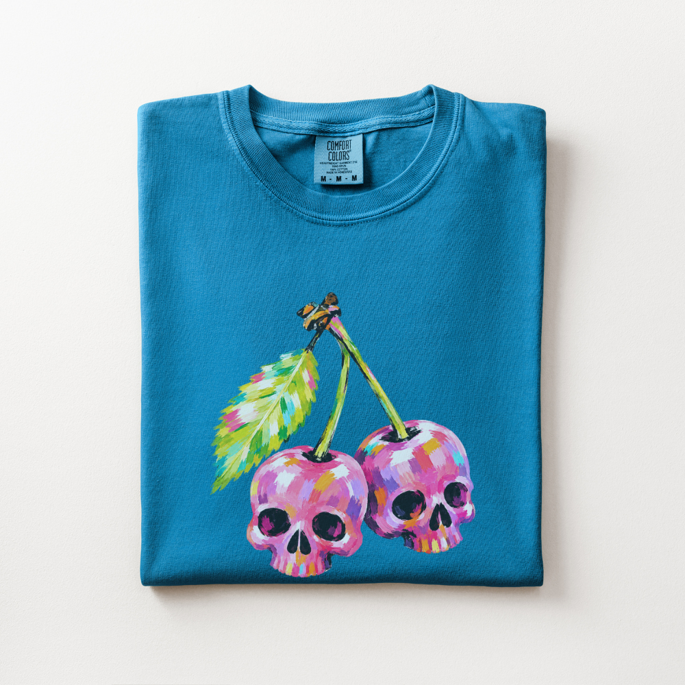 Cherry Skull Halloween Shirt, Spooky Cherry Comfort Colors Tee, Colorful Skull Graphic Shirt, Cute Creepy Halloween T-Shirt
