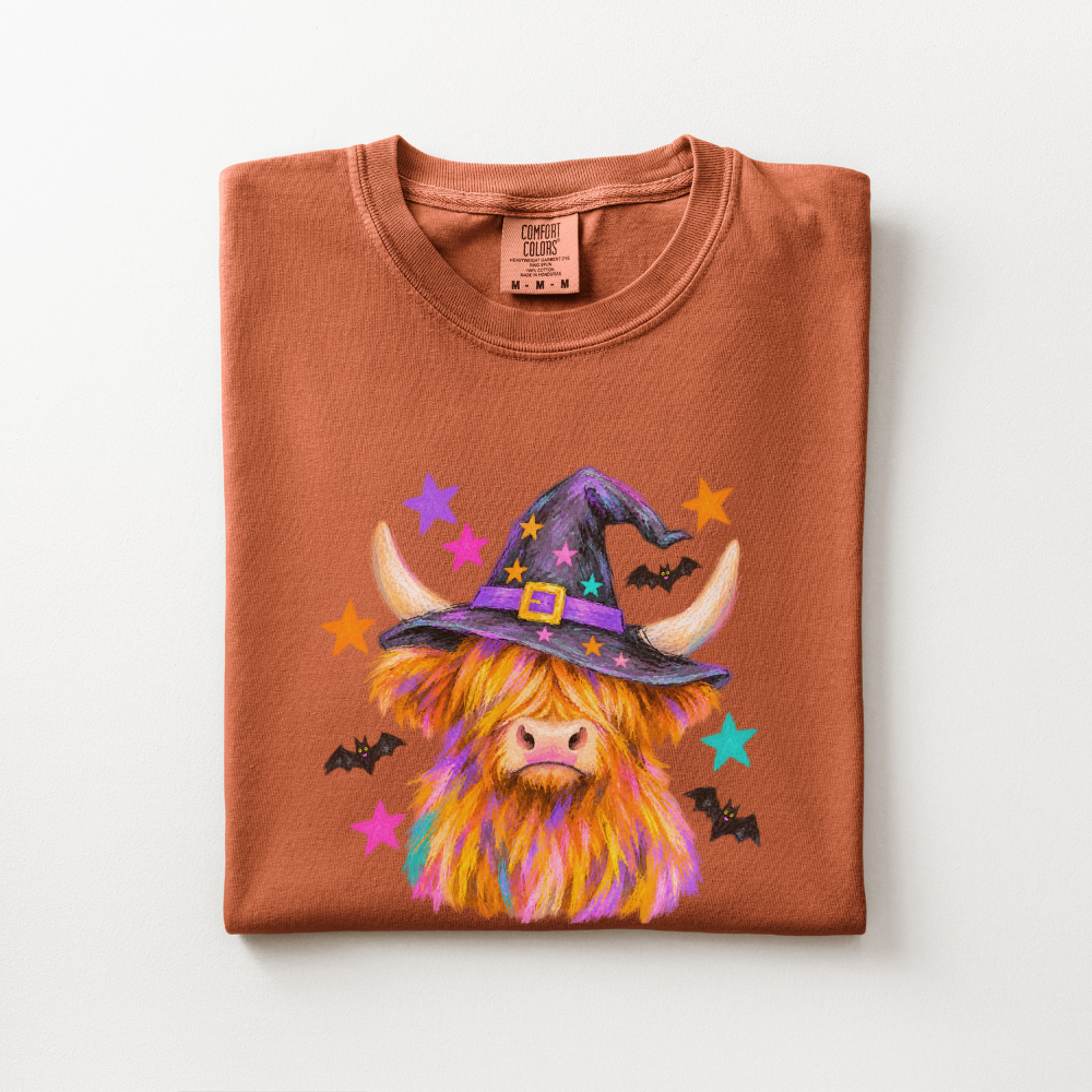 Highland Cow Halloween Shirt, Witch Cow Comfort Colors Tee, Western Spooky Season Graphic Shirt, Cute Halloween Cow T-Shirt