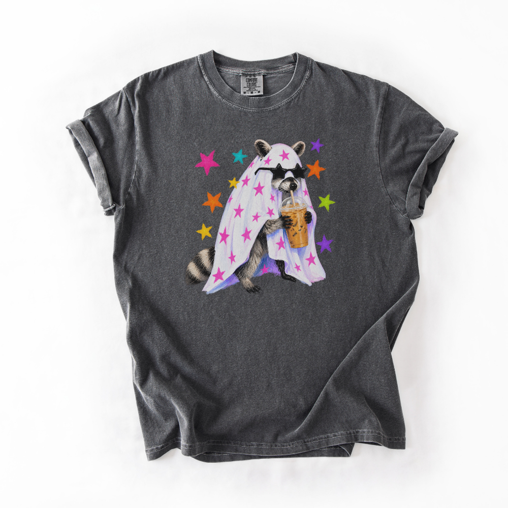 Raccoon Halloween Shirt, Coffee Lover Comfort Colors Tee, Cute Spooky Animal Graphic Shirt, Preppy Halloween Raccoon T-Shirt