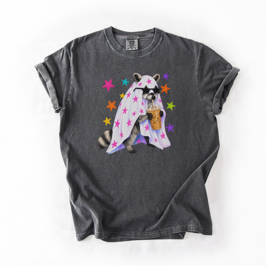 Raccoon Halloween Shirt, Coffee Lover Comfort Colors Tee, Cute Spooky Animal Graphic Shirt, Preppy Halloween Raccoon T-Shirt