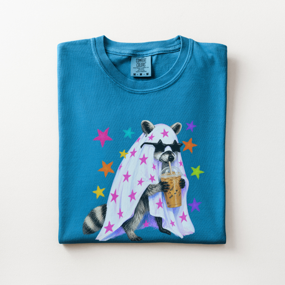 Raccoon Halloween Shirt, Coffee Lover Comfort Colors Tee, Cute Spooky Animal Graphic Shirt, Preppy Halloween Raccoon T-Shirt