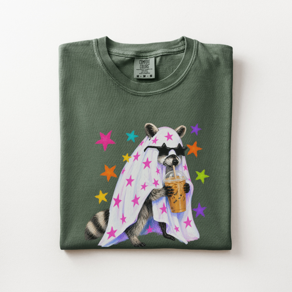 Raccoon Halloween Shirt, Coffee Lover Comfort Colors Tee, Cute Spooky Animal Graphic Shirt, Preppy Halloween Raccoon T-Shirt