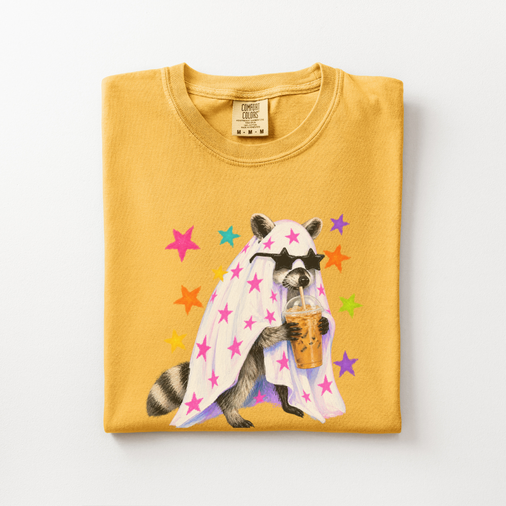 Raccoon Halloween Shirt, Coffee Lover Comfort Colors Tee, Cute Spooky Animal Graphic Shirt, Preppy Halloween Raccoon T-Shirt