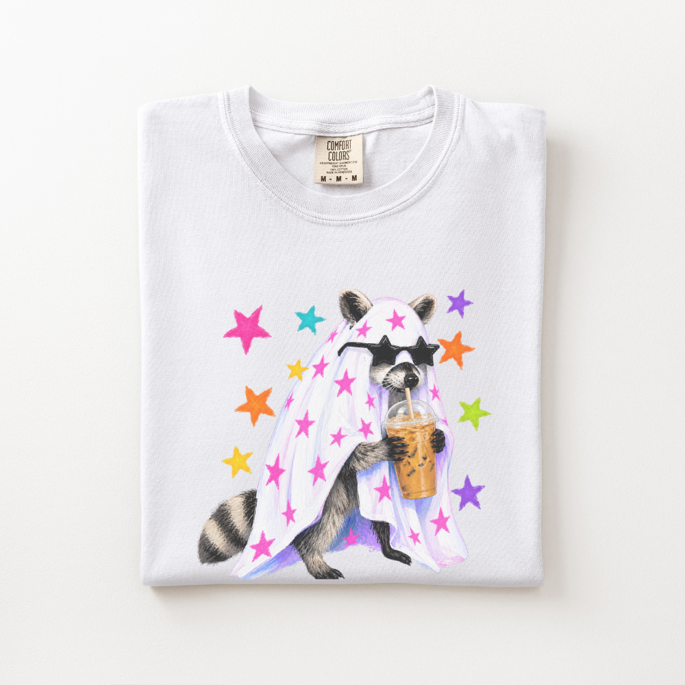 Raccoon Halloween Shirt, Coffee Lover Comfort Colors Tee, Cute Spooky Animal Graphic Shirt, Preppy Halloween Raccoon T-Shirt