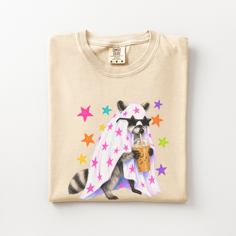 Raccoon Halloween Shirt, Coffee Lover Comfort Colors Tee, Cute Spooky Animal Graphic Shirt, Preppy Halloween Raccoon T-Shirt