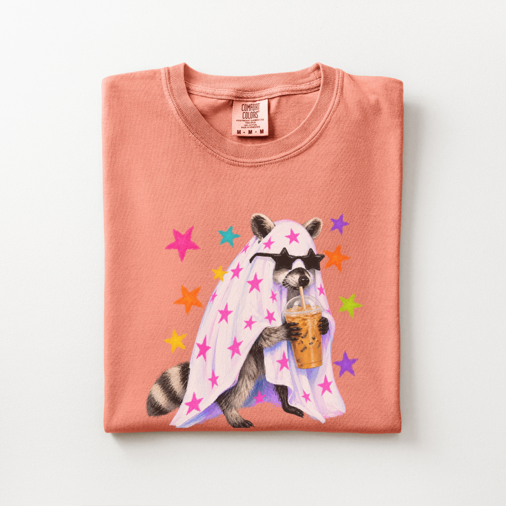 Raccoon Halloween Shirt, Coffee Lover Comfort Colors Tee, Cute Spooky Animal Graphic Shirt, Preppy Halloween Raccoon T-Shirt