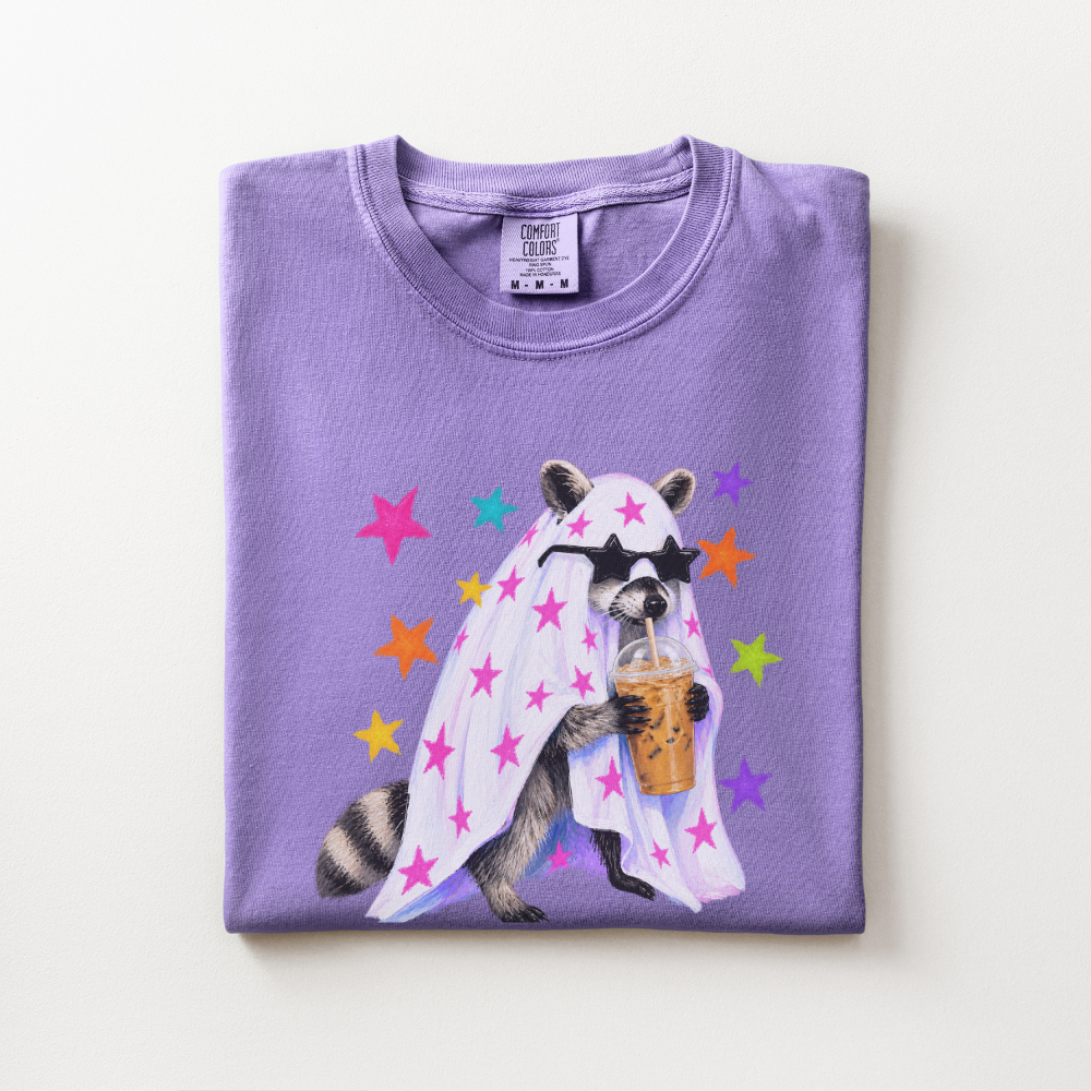 Raccoon Halloween Shirt, Coffee Lover Comfort Colors Tee, Cute Spooky Animal Graphic Shirt, Preppy Halloween Raccoon T-Shirt