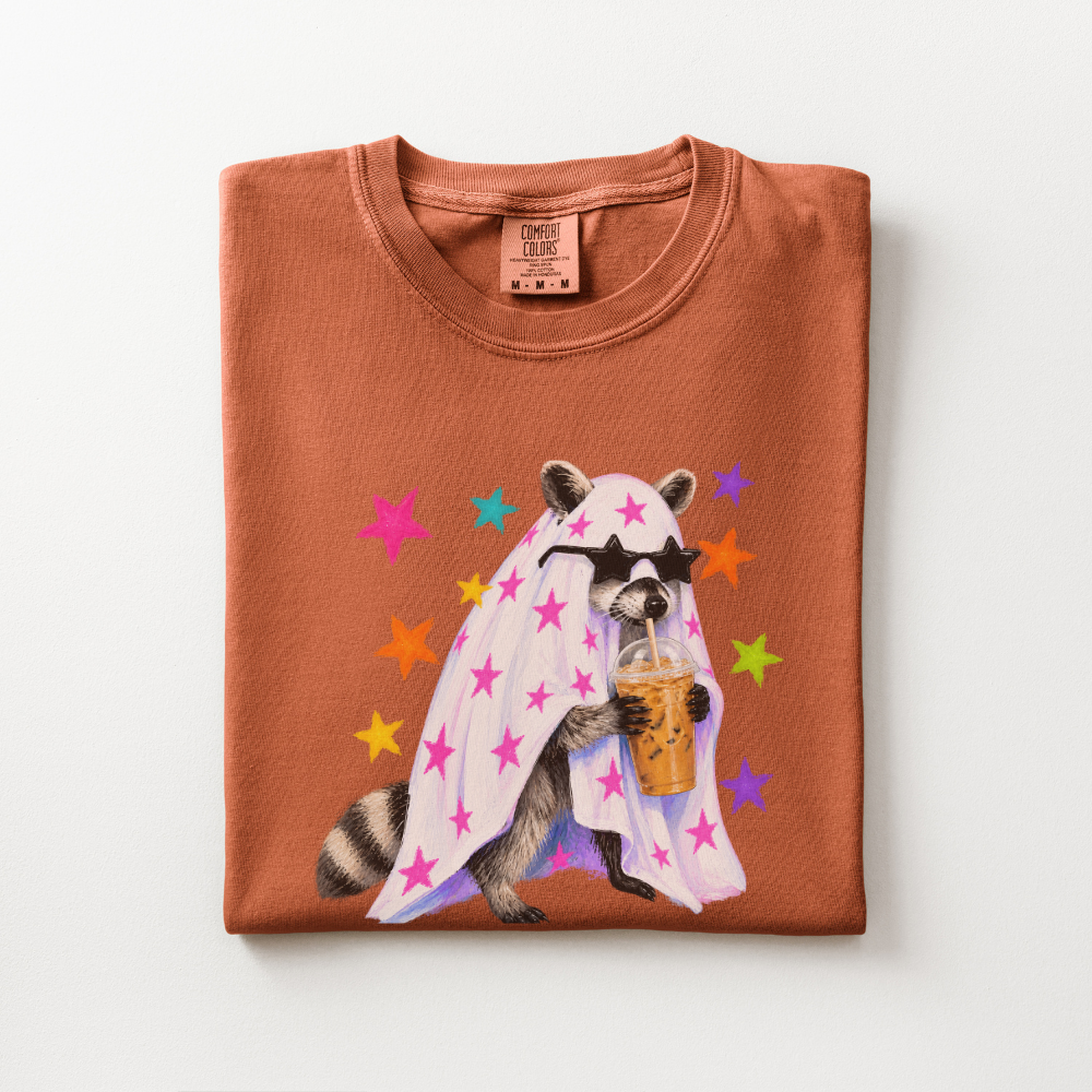 Raccoon Halloween Shirt, Coffee Lover Comfort Colors Tee, Cute Spooky Animal Graphic Shirt, Preppy Halloween Raccoon T-Shirt
