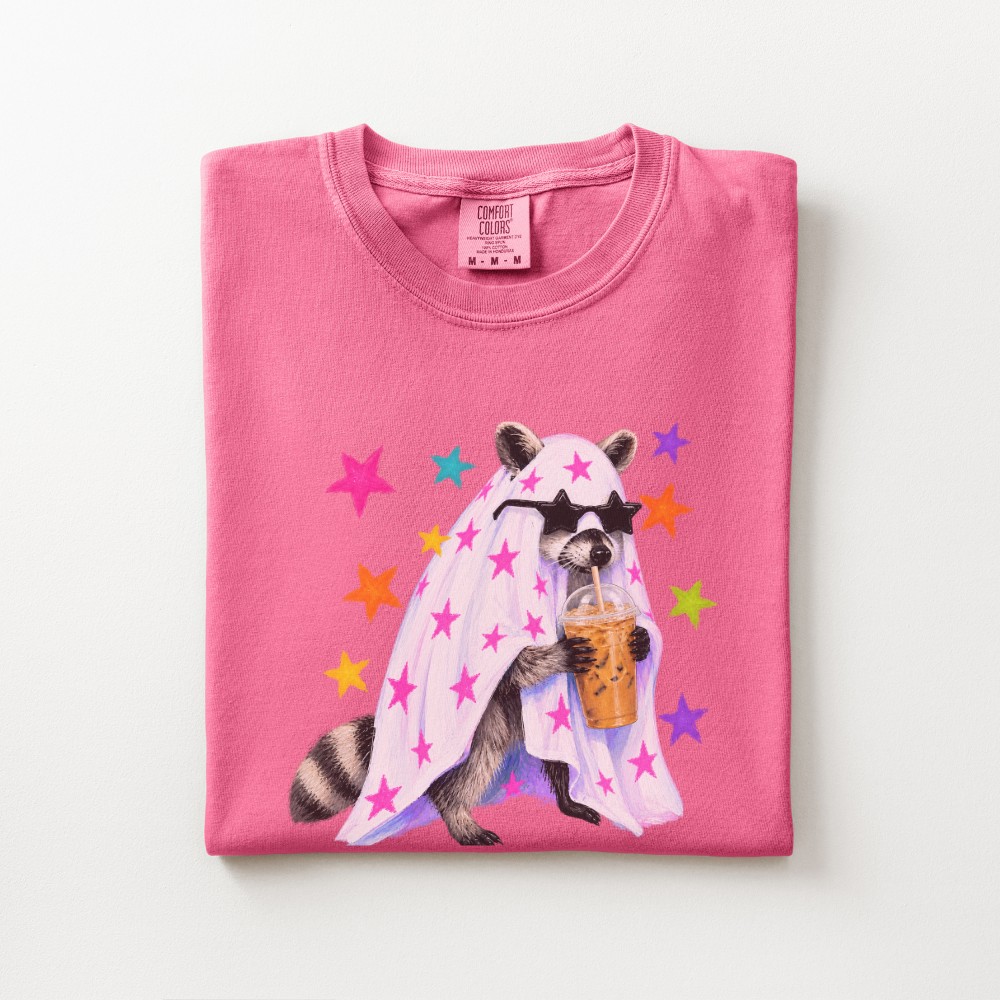 Raccoon Halloween Shirt, Coffee Lover Comfort Colors Tee, Cute Spooky Animal Graphic Shirt, Preppy Halloween Raccoon T-Shirt