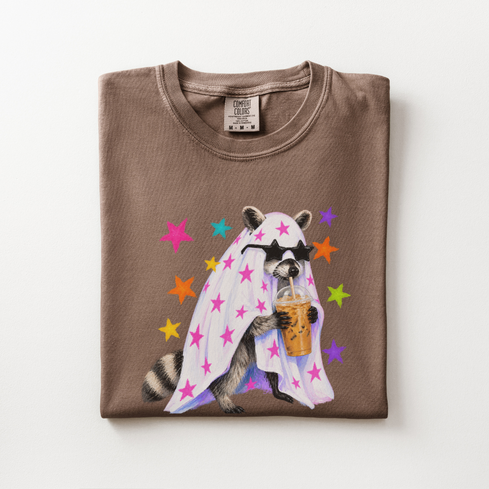 Raccoon Halloween Shirt, Coffee Lover Comfort Colors Tee, Cute Spooky Animal Graphic Shirt, Preppy Halloween Raccoon T-Shirt