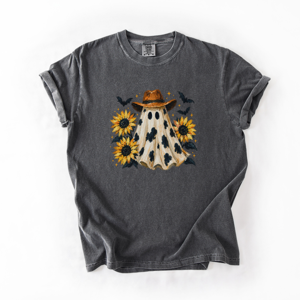 Western Halloween Shirt, Cowboy Ghost Comfort Colors Tee, Spooky Western Graphic Shirt, Sunflower Halloween T-Shirt