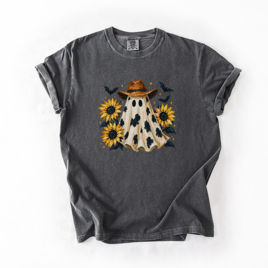 Western Halloween Shirt, Cowboy Ghost Comfort Colors Tee, Spooky Western Graphic Shirt, Sunflower Halloween T-Shirt