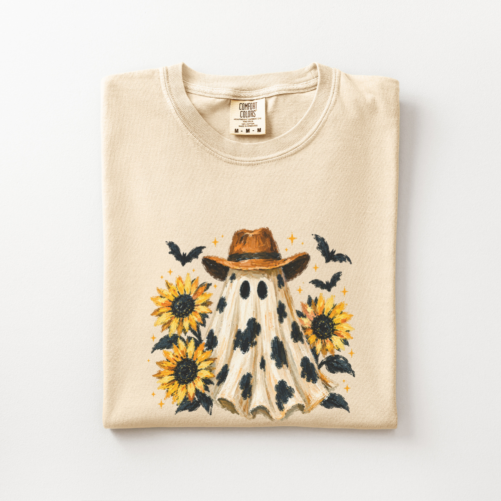 Western Halloween Shirt, Cowboy Ghost Comfort Colors Tee, Spooky Western Graphic Shirt, Sunflower Halloween T-Shirt