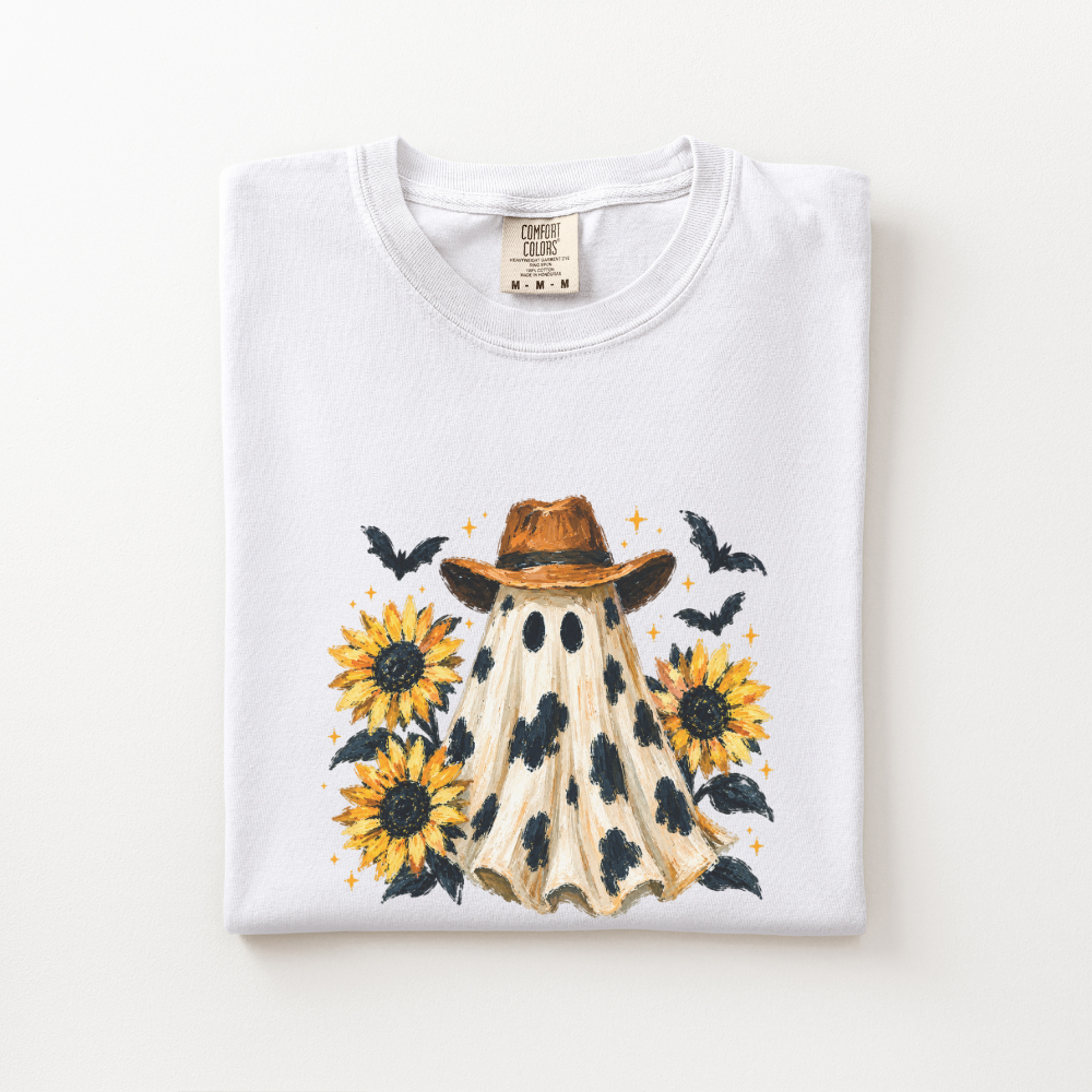 Western Halloween Shirt, Cowboy Ghost Comfort Colors Tee, Spooky Western Graphic Shirt, Sunflower Halloween T-Shirt