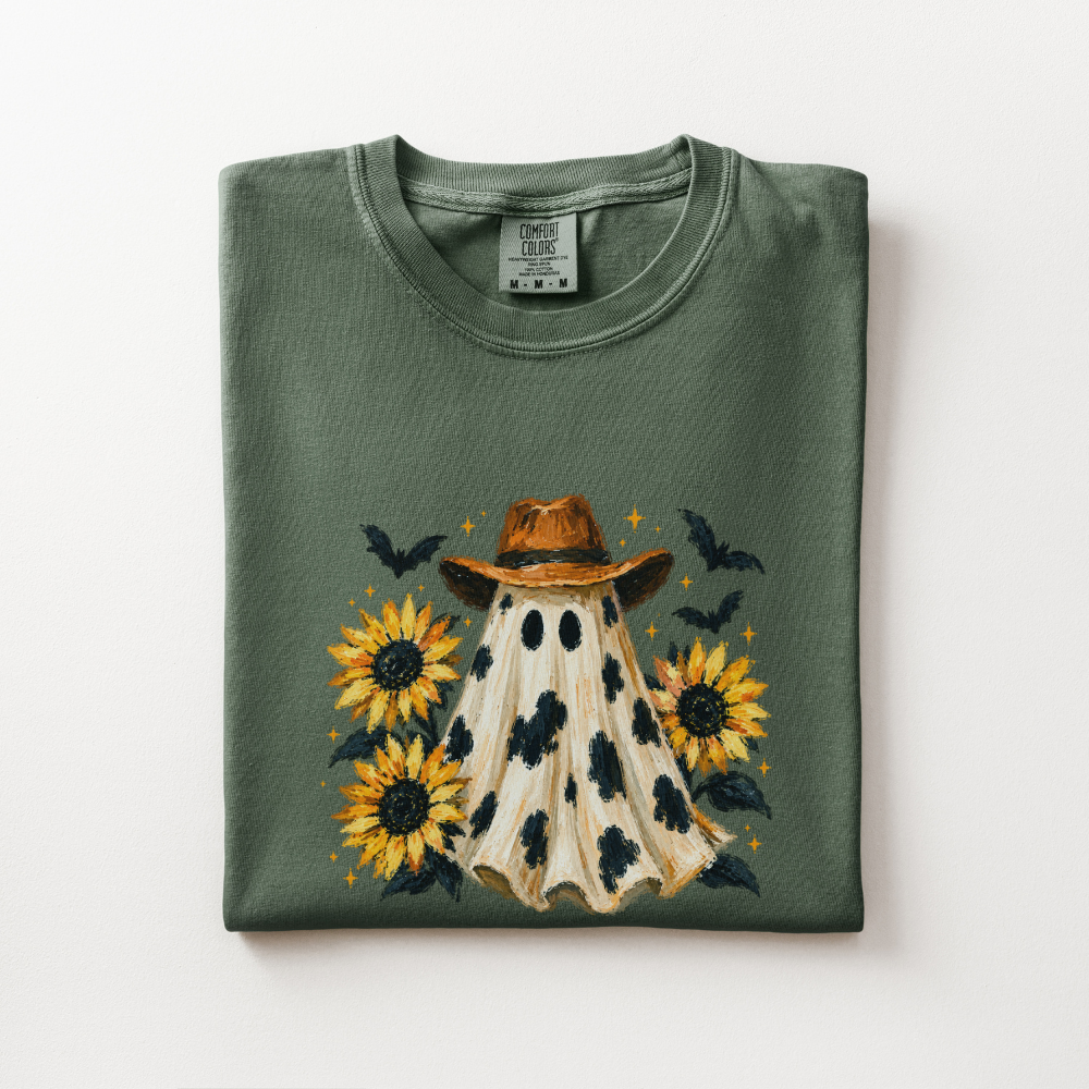 Western Halloween Shirt, Cowboy Ghost Comfort Colors Tee, Spooky Western Graphic Shirt, Sunflower Halloween T-Shirt