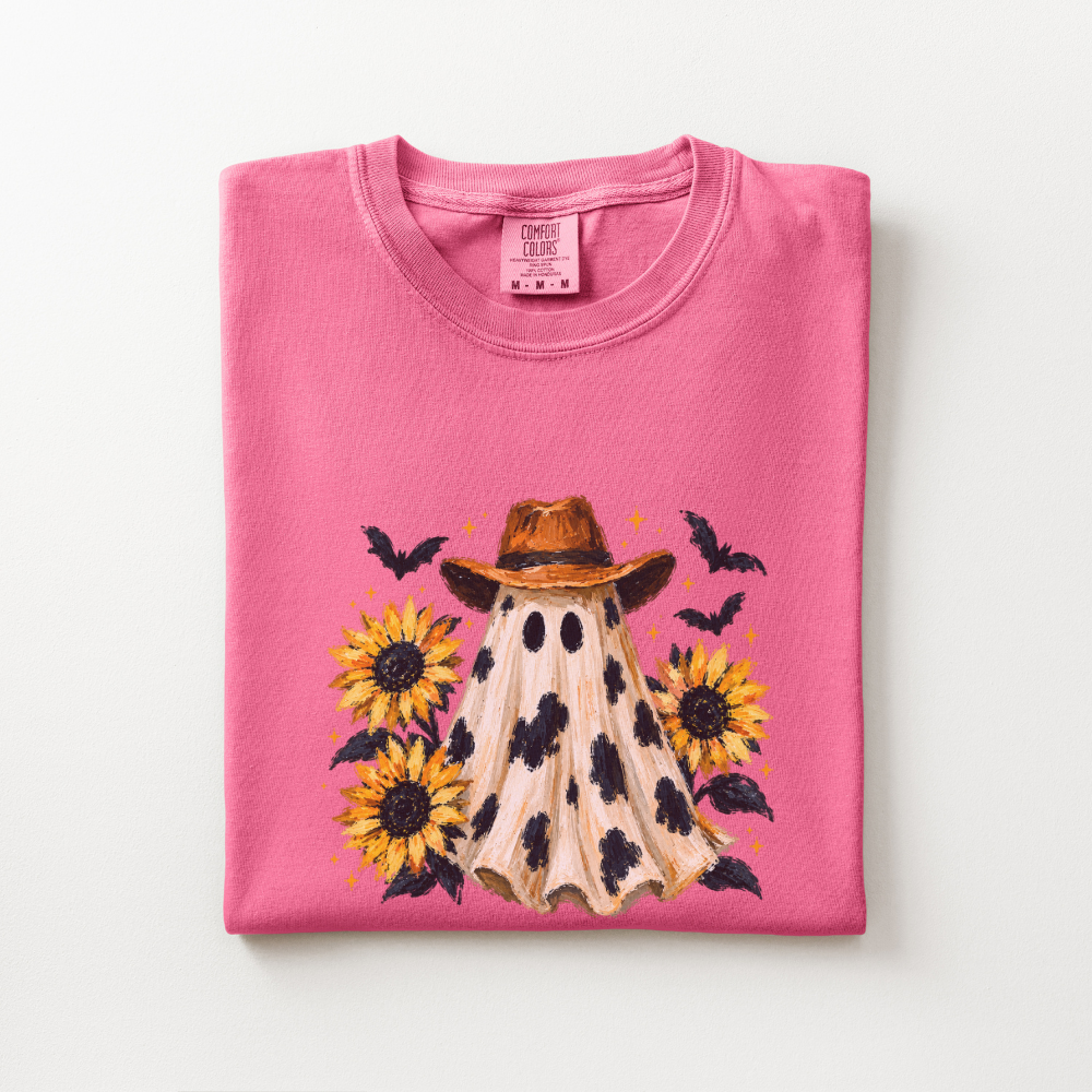 Western Halloween Shirt, Cowboy Ghost Comfort Colors Tee, Spooky Western Graphic Shirt, Sunflower Halloween T-Shirt