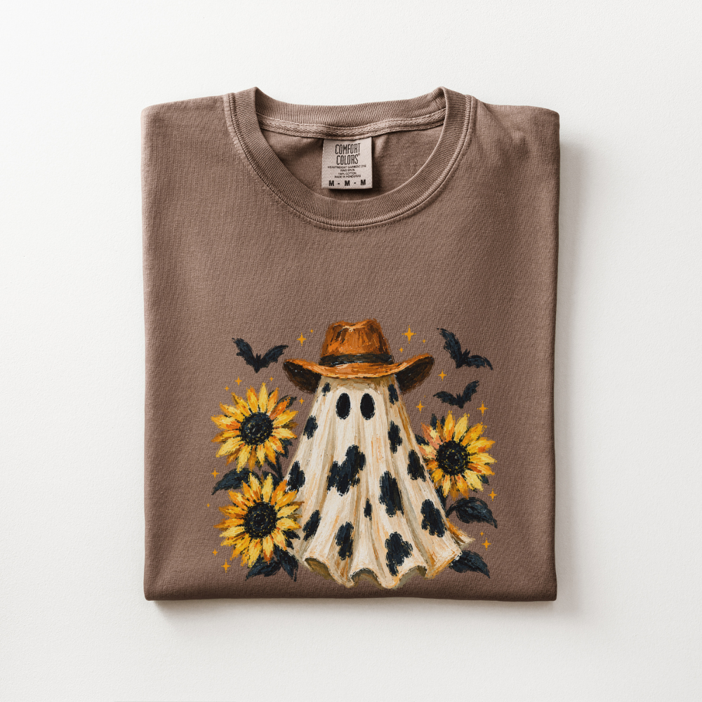 Western Halloween Shirt, Cowboy Ghost Comfort Colors Tee, Spooky Western Graphic Shirt, Sunflower Halloween T-Shirt