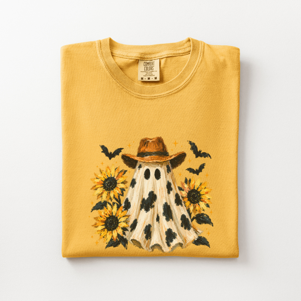 Western Halloween Shirt, Cowboy Ghost Comfort Colors Tee, Spooky Western Graphic Shirt, Sunflower Halloween T-Shirt