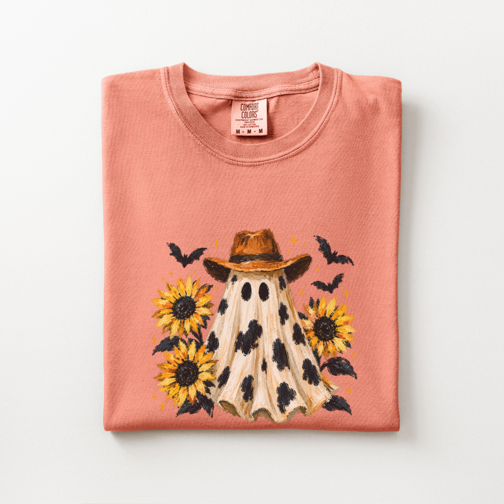 Western Halloween Shirt, Cowboy Ghost Comfort Colors Tee, Spooky Western Graphic Shirt, Sunflower Halloween T-Shirt
