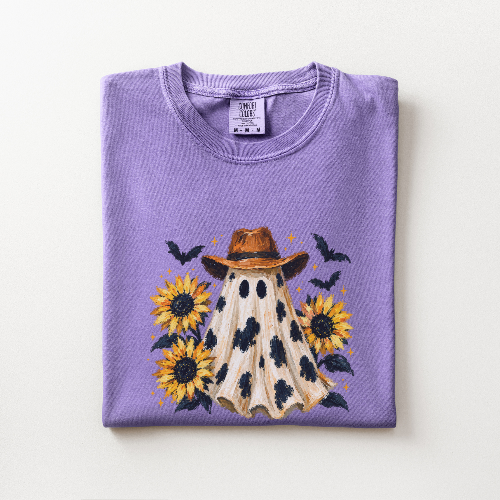 Western Halloween Shirt, Cowboy Ghost Comfort Colors Tee, Spooky Western Graphic Shirt, Sunflower Halloween T-Shirt