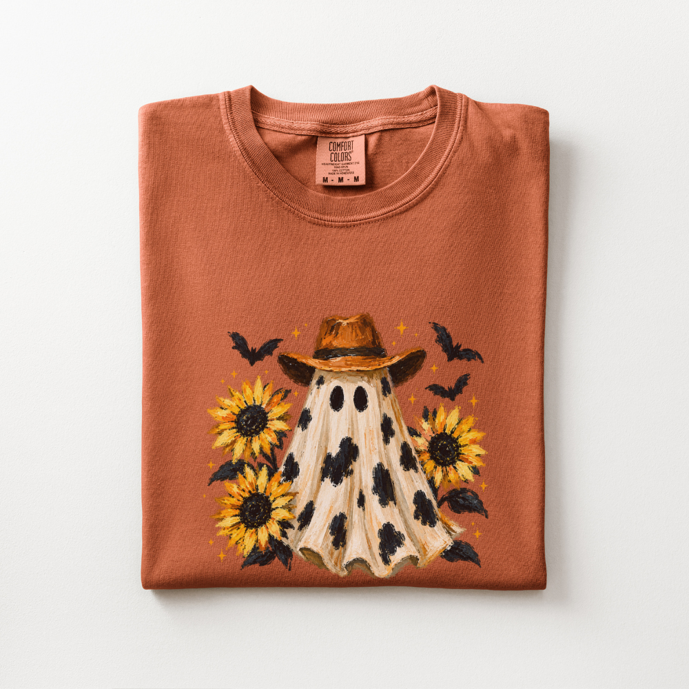Western Halloween Shirt, Cowboy Ghost Comfort Colors Tee, Spooky Western Graphic Shirt, Sunflower Halloween T-Shirt
