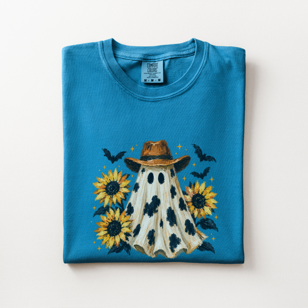 Western Halloween Shirt, Cowboy Ghost Comfort Colors Tee, Spooky Western Graphic Shirt, Sunflower Halloween T-Shirt