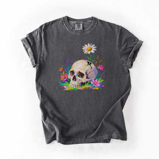 Floral Skull Halloween Shirt, Colorful Skull Comfort Colors Tee, Botanical Gothic Graphic Shirt, Spooky Floral Fall T-Shirt