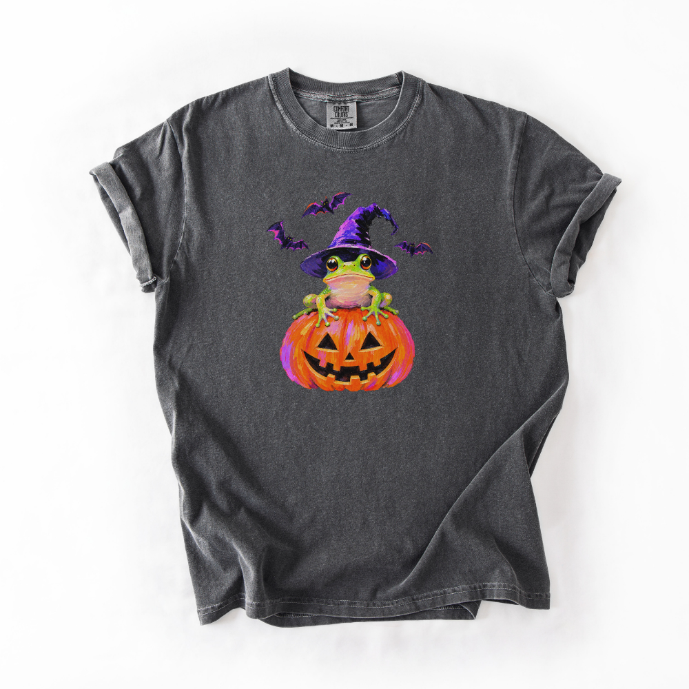 Witch Frog Halloween Shirt, Frog Jack O Lantern Comfort Colors Tee, Cute Spooky Frog Graphic Shirt, Whimsical Halloween T-Shirt